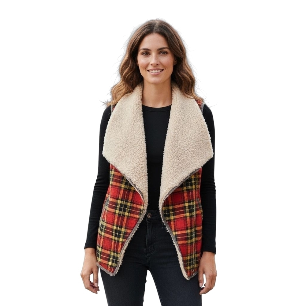 Red plaid fuzzy Shearling Sherpa vest